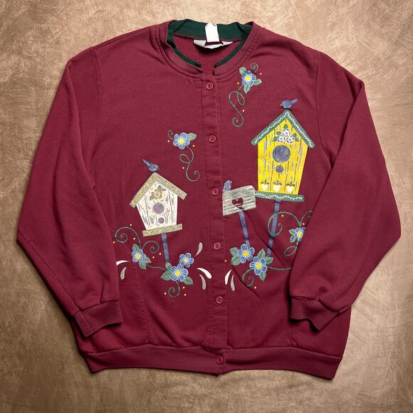 Vintage 90s Blair Birdhouse Bird Floral Print Cardigan Sweater Maroon Button Up - Picture 6 of 6
